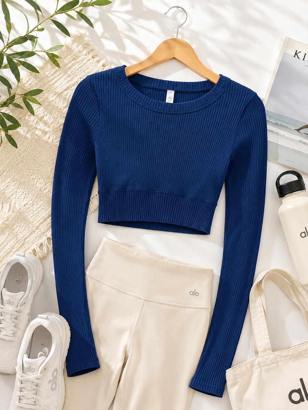 Alo Yoga Blue Ribbed Long Sleeve Crop Top Medium | Soft Stretch Pilates Lounge